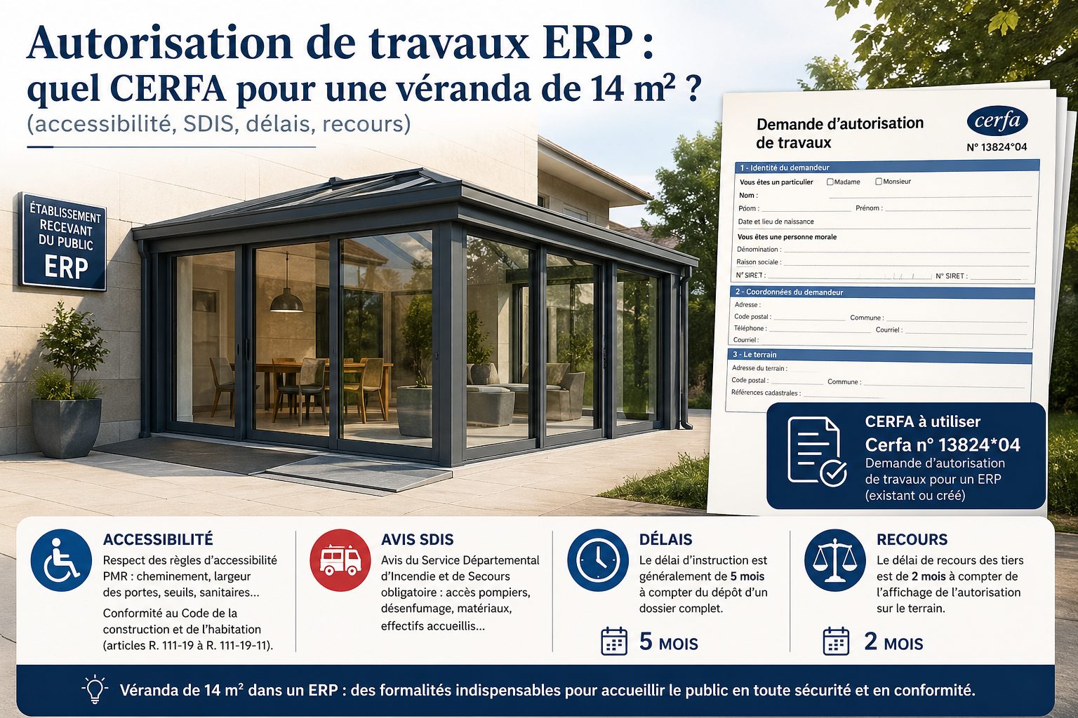 Autorisation de travaux ERP : quel CERFA pour une véranda de 14 m² ? (accessibilité, SDIS, délais, recours)
